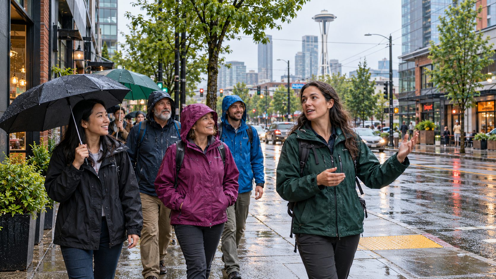 A walking tour group under umbrellas in Seattle